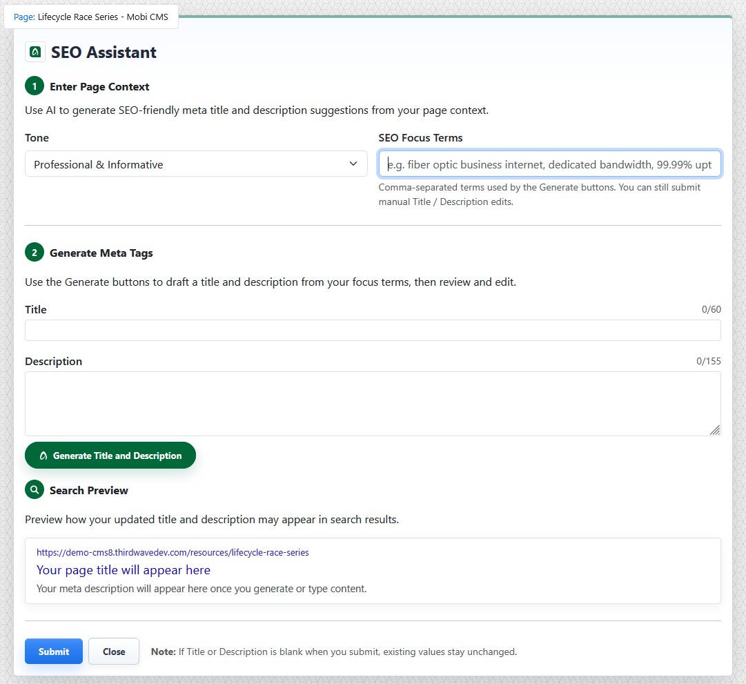 SEO Assistant screen