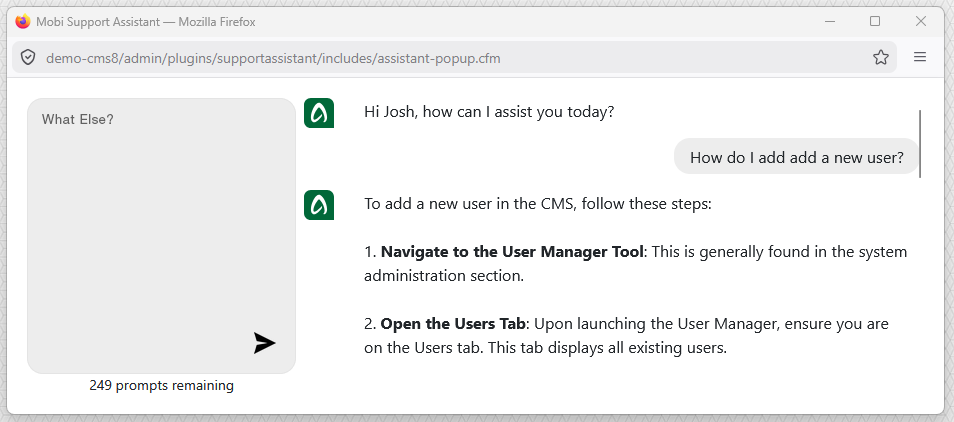 Ask Alvin chat interface with a user question and response