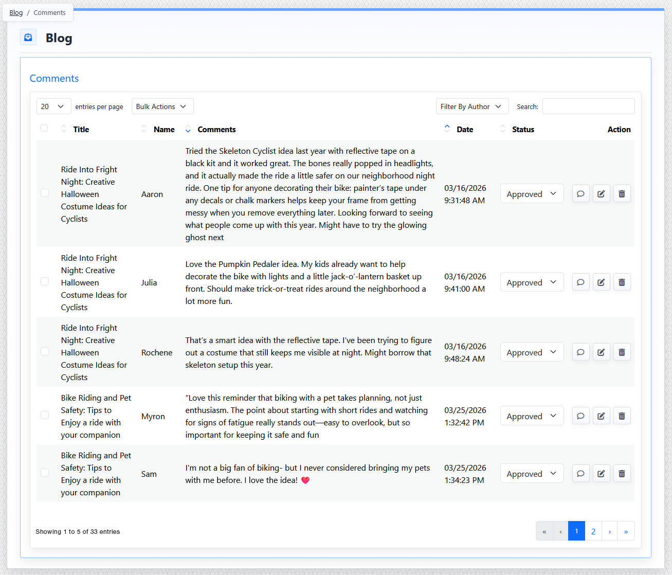 Blog Comments Manager list view
