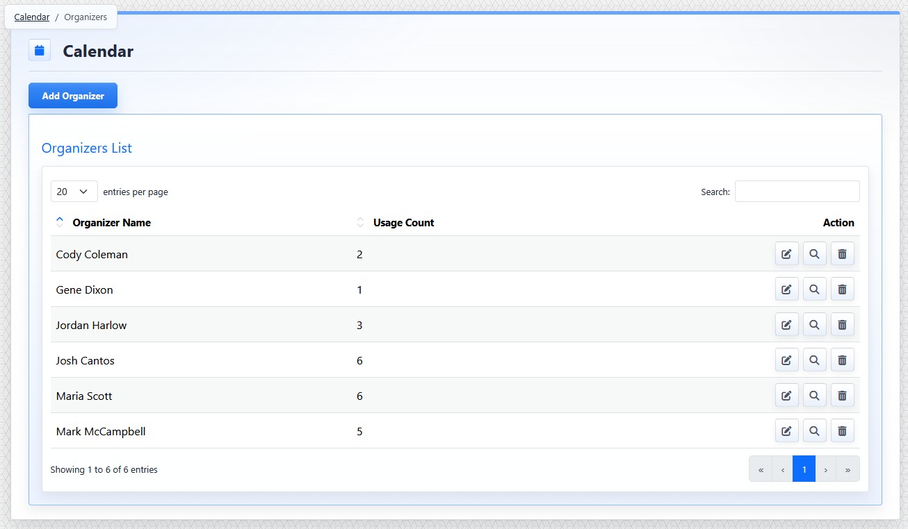 Calendar organizer list view