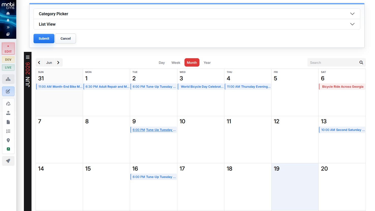 Calendar page in edit mode with module controls