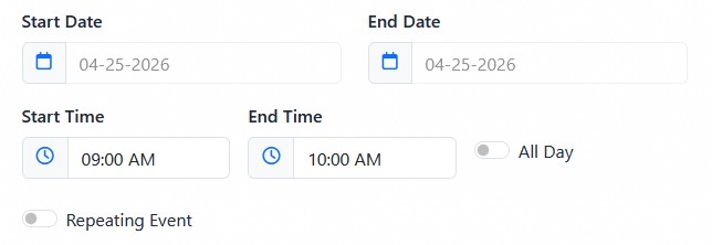 Calendar event date and time fields