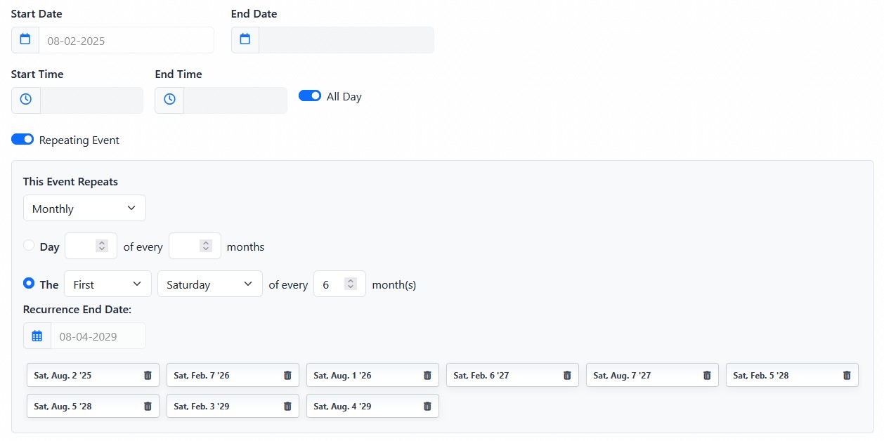 Calendar repeating event schedule fields