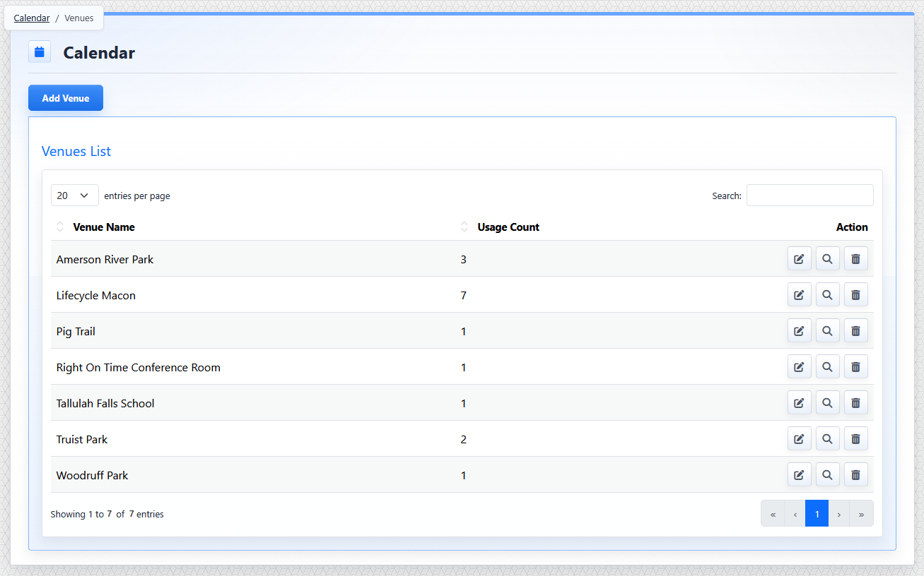 Calendar venue list view