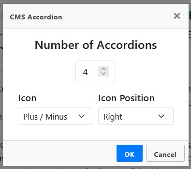 CMS Accordion dialog with number of accordions, icon, and icon position settings