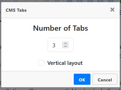 CMS Tabs dialog with number of tabs and vertical layout options