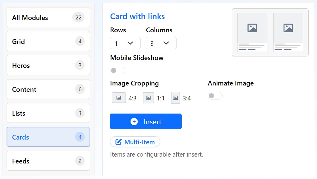 Configurable card module with rows, columns, mobile slideshow, image cropping, and insert options
