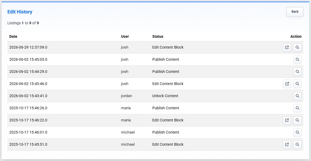 Edit History list showing recorded content block actions