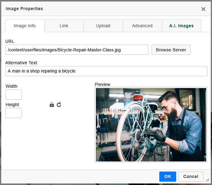Image Properties dialog showing image URL, alternative text, and preview