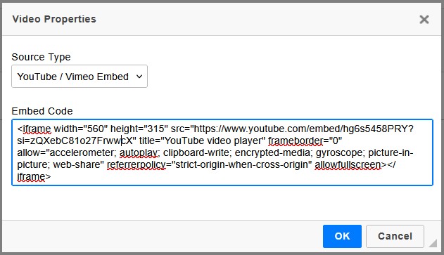 Video Properties dialog for YouTube or Vimeo embed code
