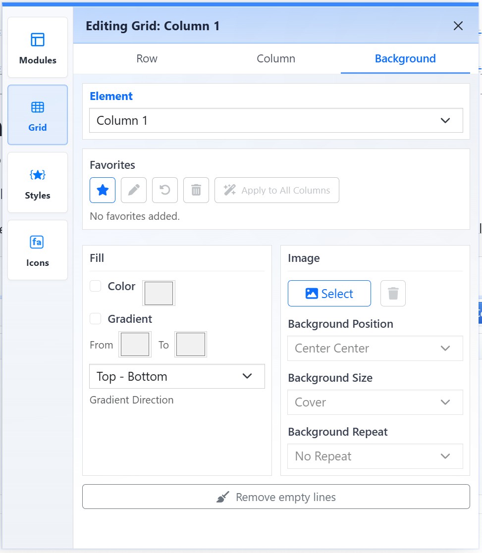 Mobi Workspace Grid view showing the Background tab