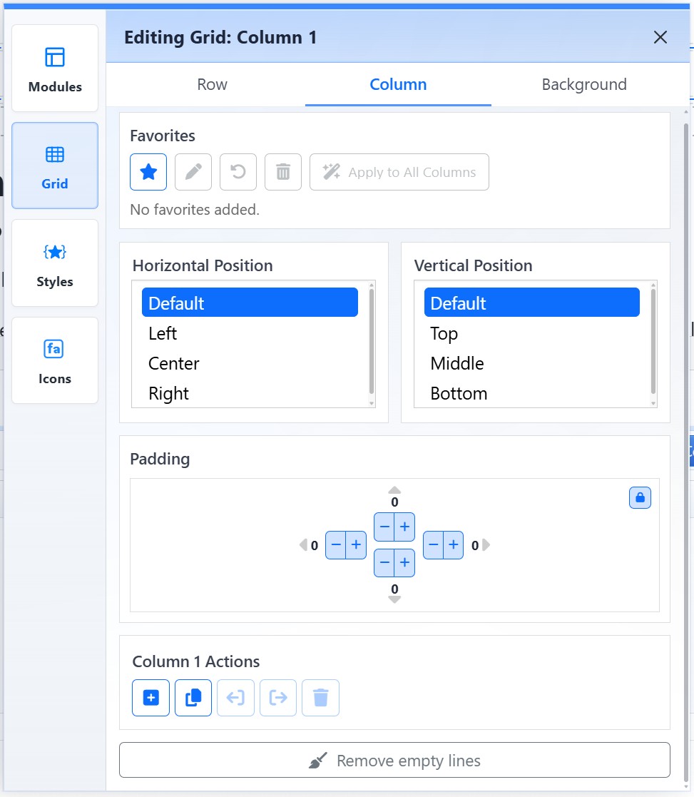 Mobi Workspace Grid view showing the Column tab