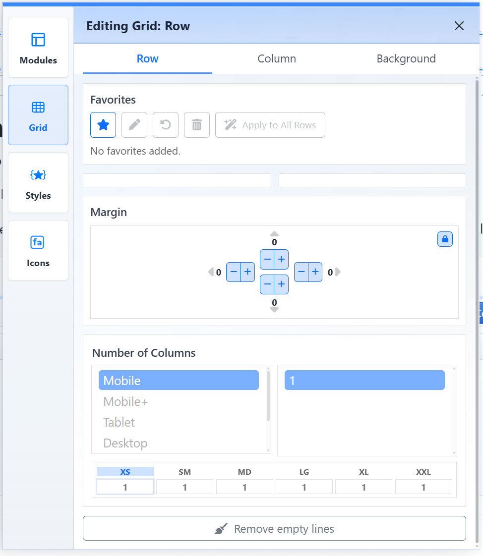 Mobi Workspace Grid view showing the Row tab