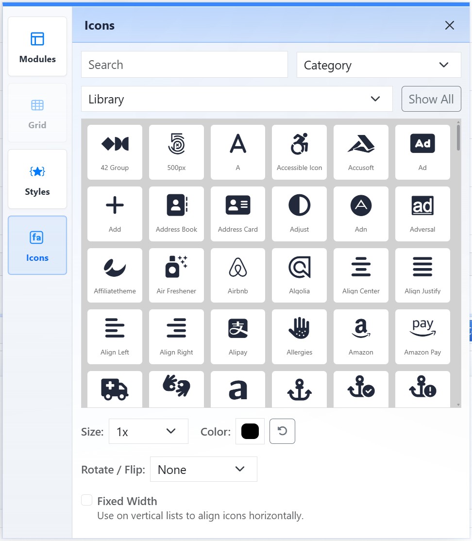Mobi Workspace showing the Icons view