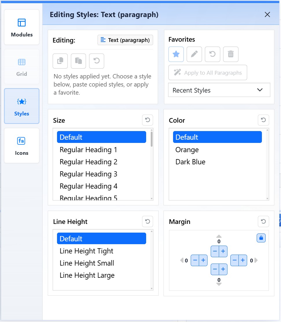 Mobi Workspace showing the Styles view for paragraph text
