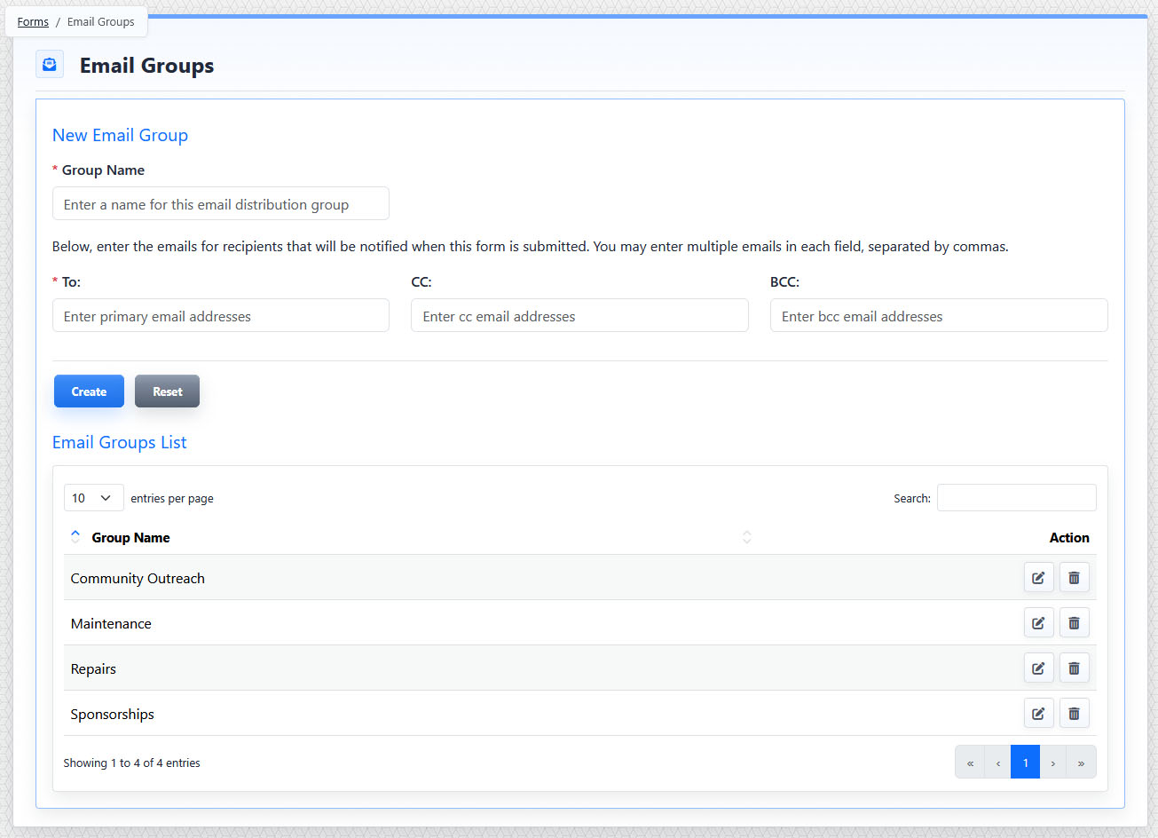 Email Groups Management view