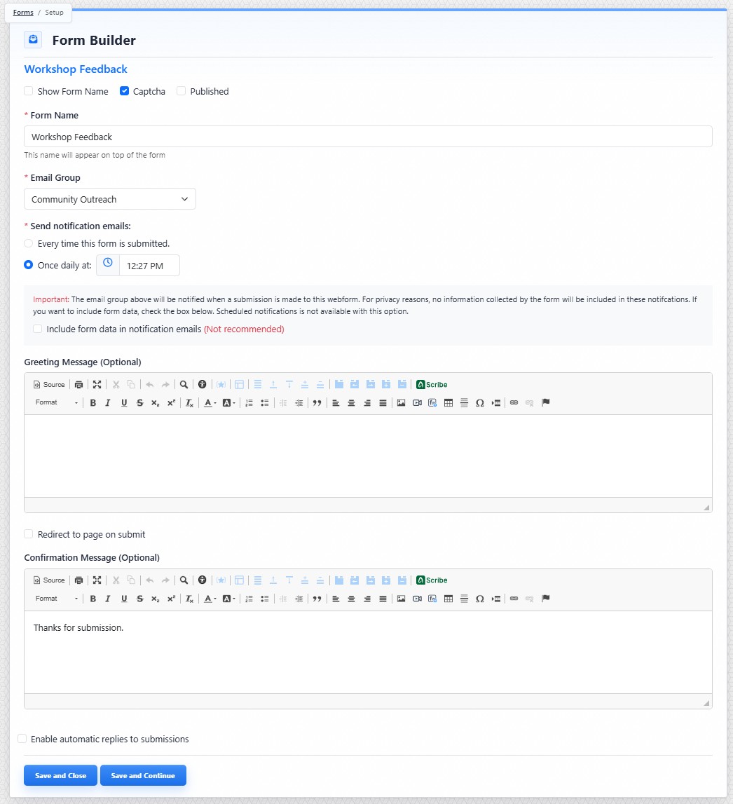 Form Setup view