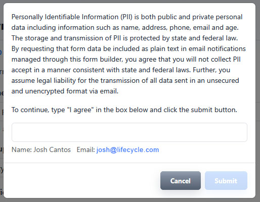 Form data email warning