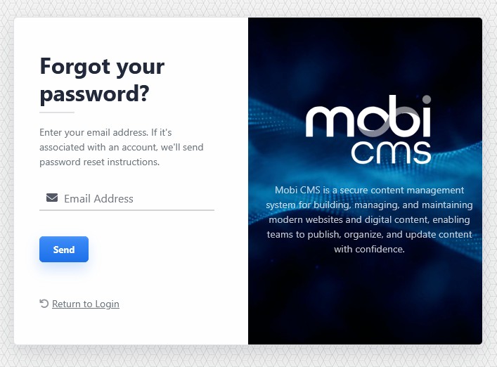 Mobi CMS forgot password screen