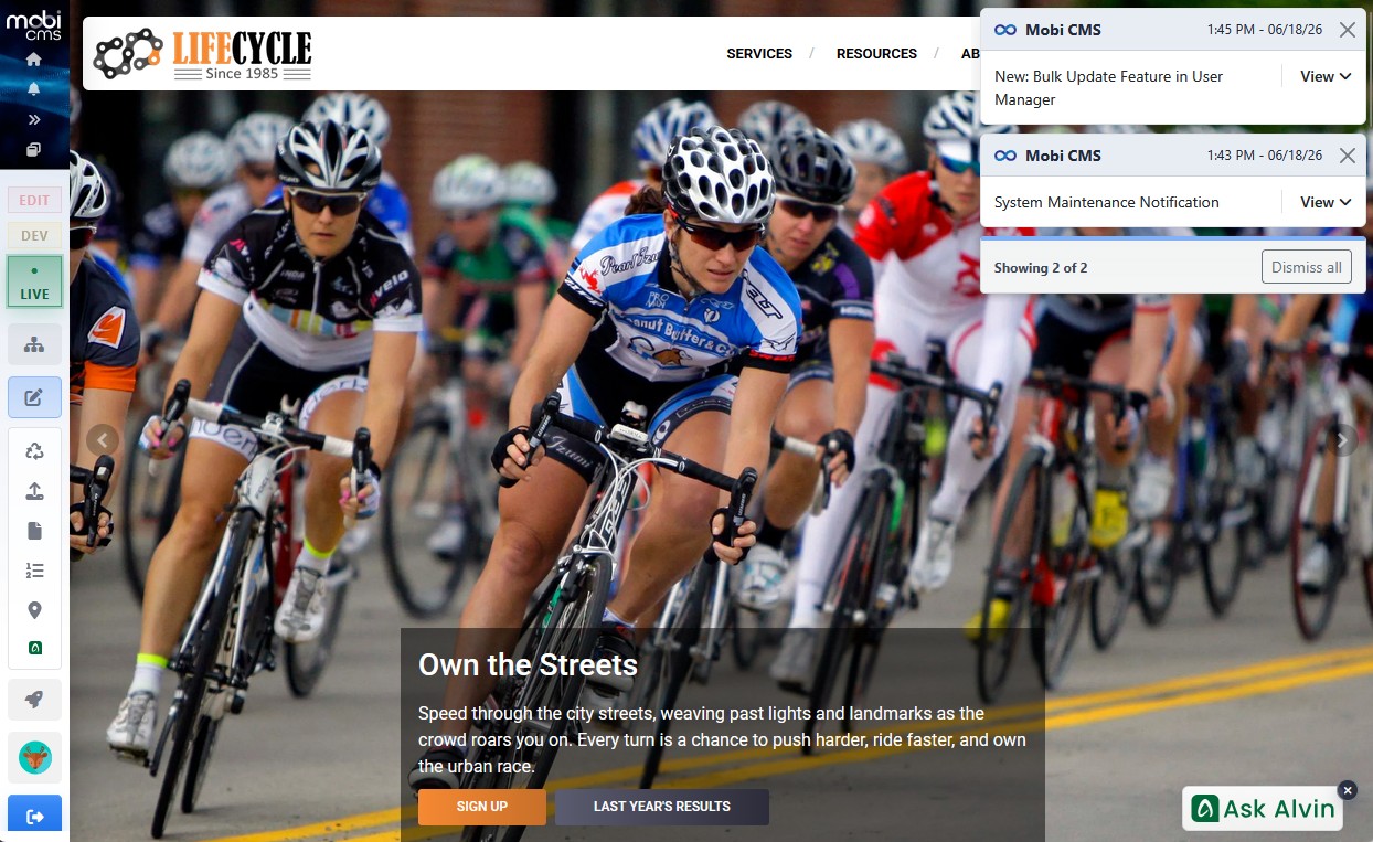 Mobi CMS notifications displayed on a website page