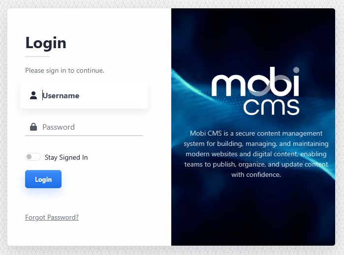 Mobi CMS login screen