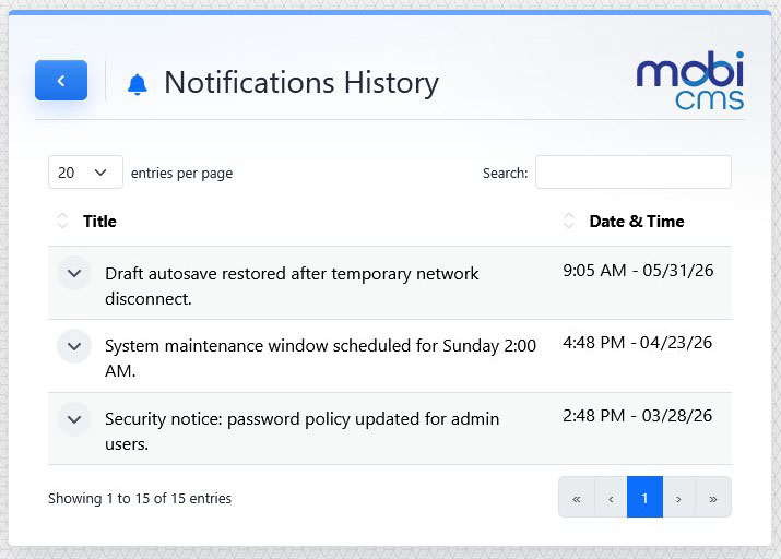 Notifications History screen