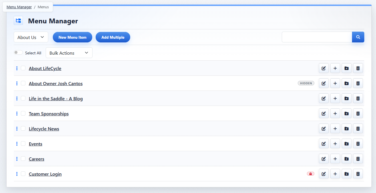 Menu Manager list showing row action buttons and page status indicators
