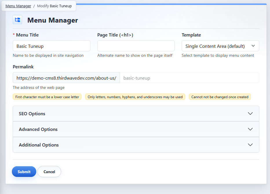 Modify page screen for an existing Menu Manager page