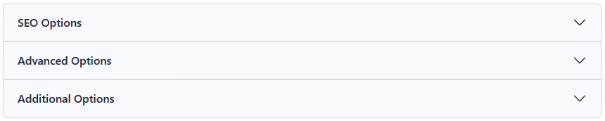 SEO Options, Advanced Options, and Additional Options accordions in the edit view