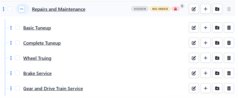 Parent page with Hidden, No-Index, and password status indicators above child pages