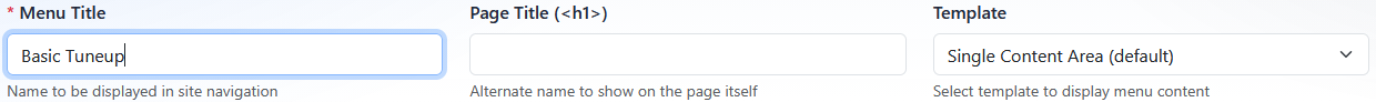 Menu Title, Page Title, and Template fields