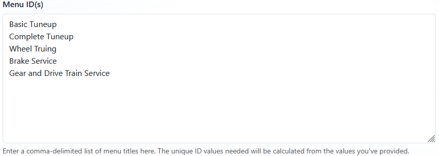 Menu ID(s) field with multiple page titles entered