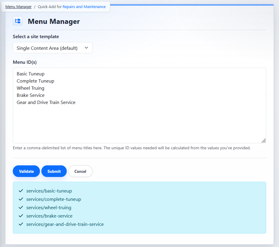 Quick Add screen in the Menu Manager