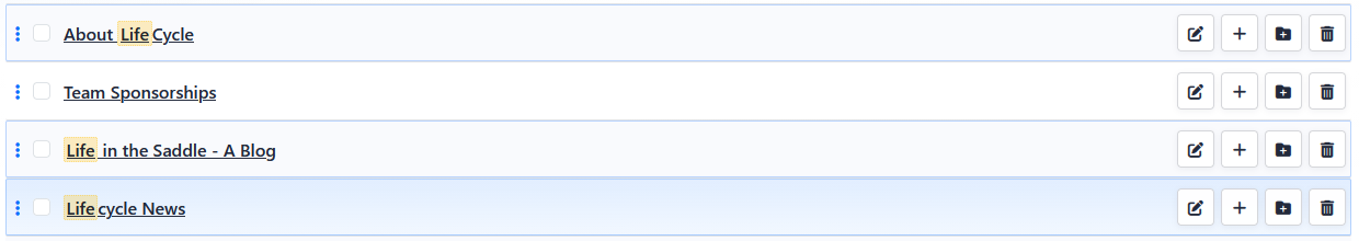 Menu Manager page list showing highlighted search results