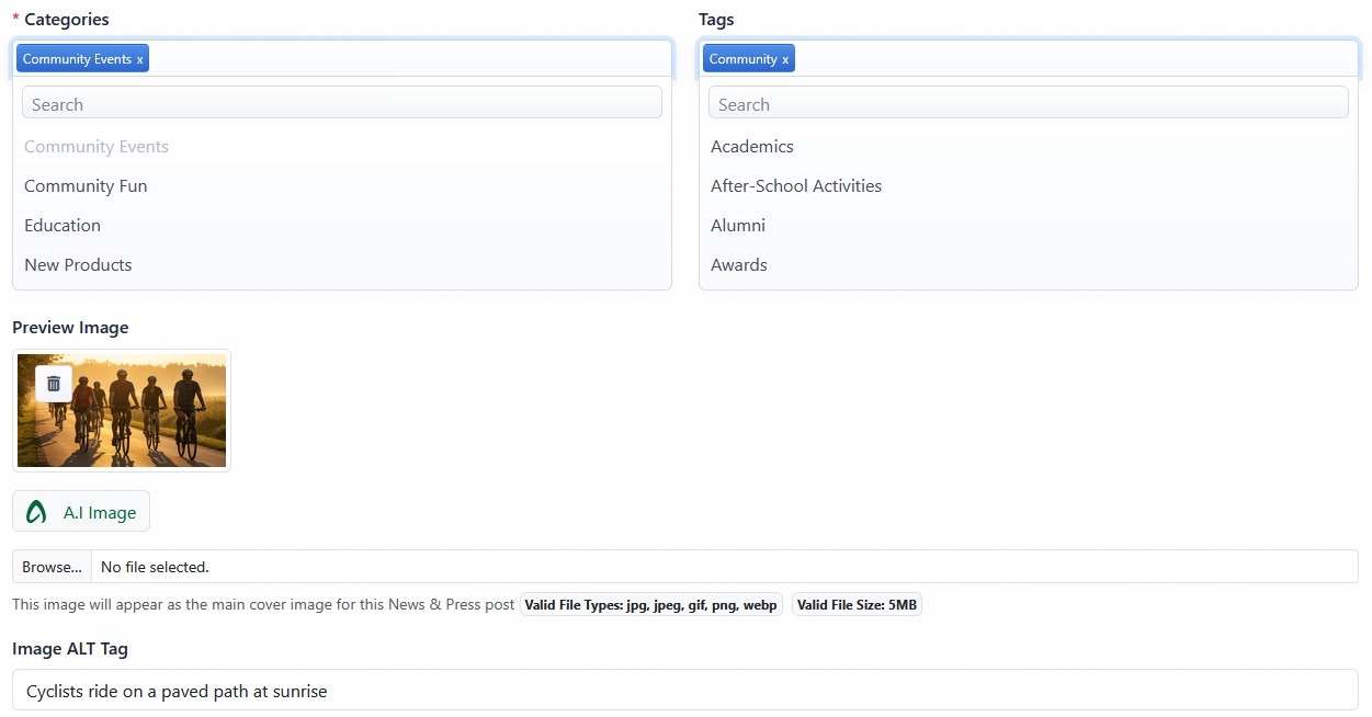 News categories tags and preview image fields