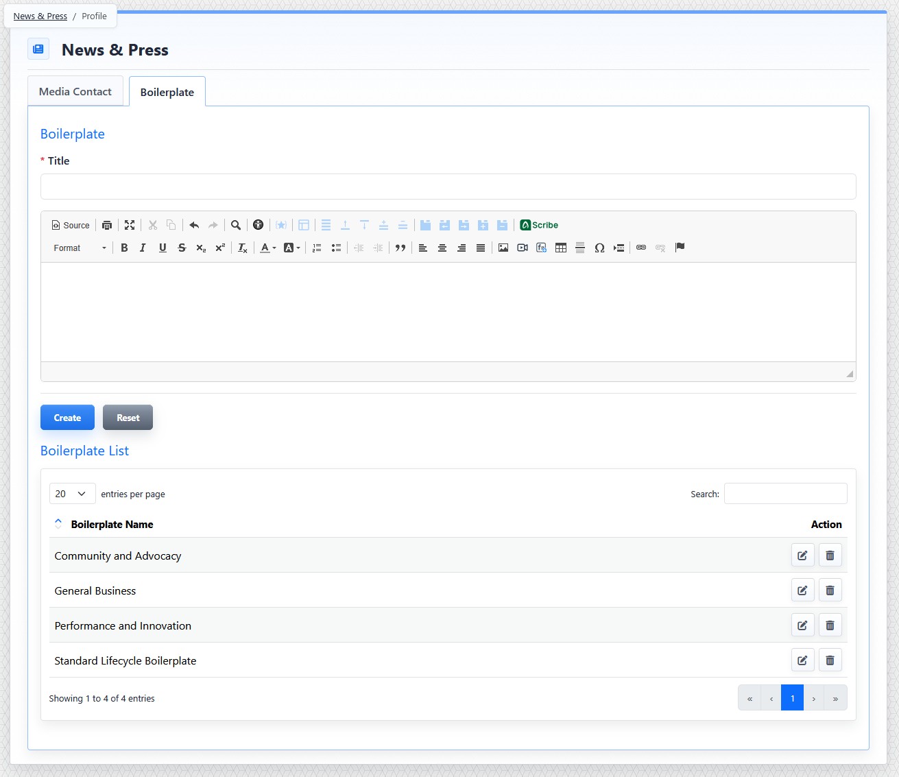 News profile boilerplate tab