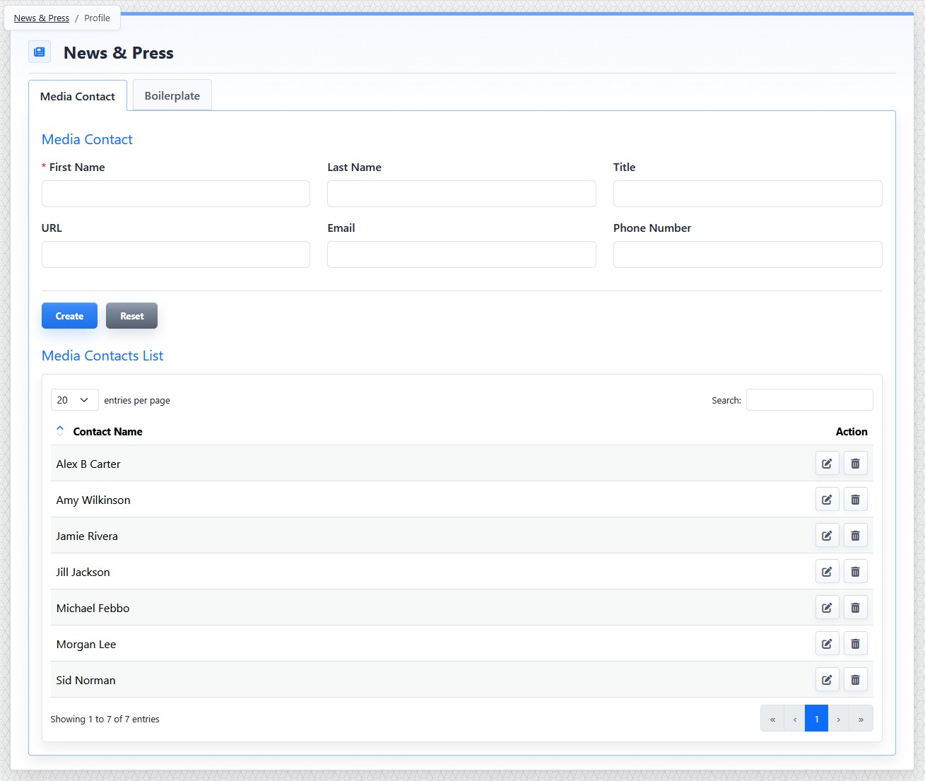 News profile media contact tab