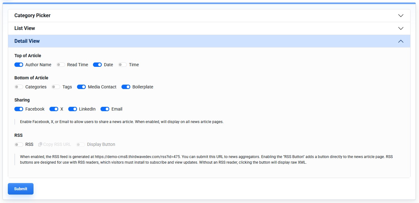 News public detail view settings