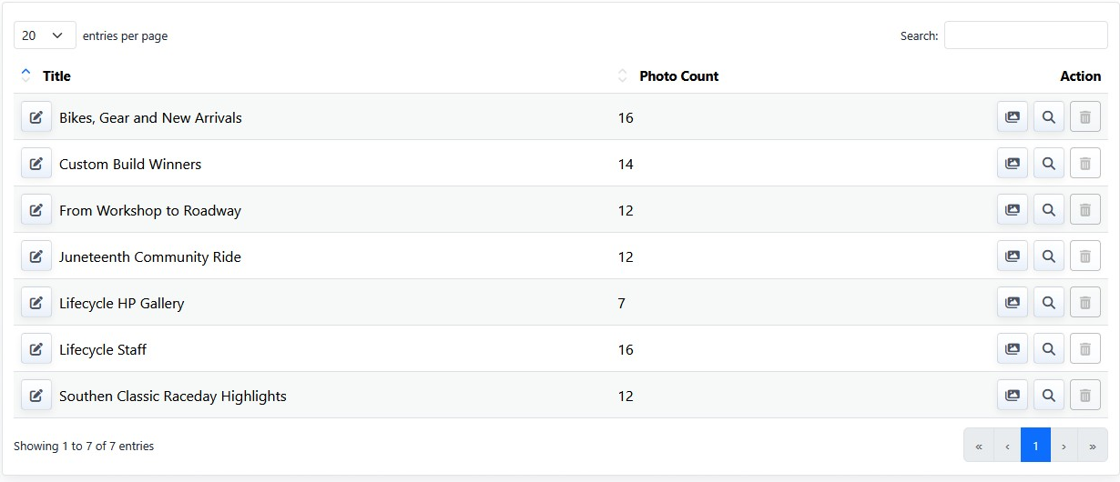 Photo Gallery album list table
