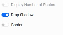 Display setting toggles for photo count, drop shadow, border, title color, title background, and randomize order