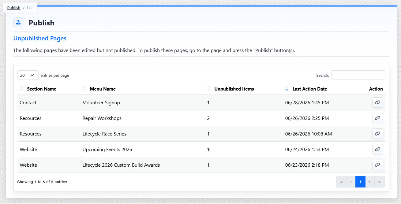Publish Tool list view