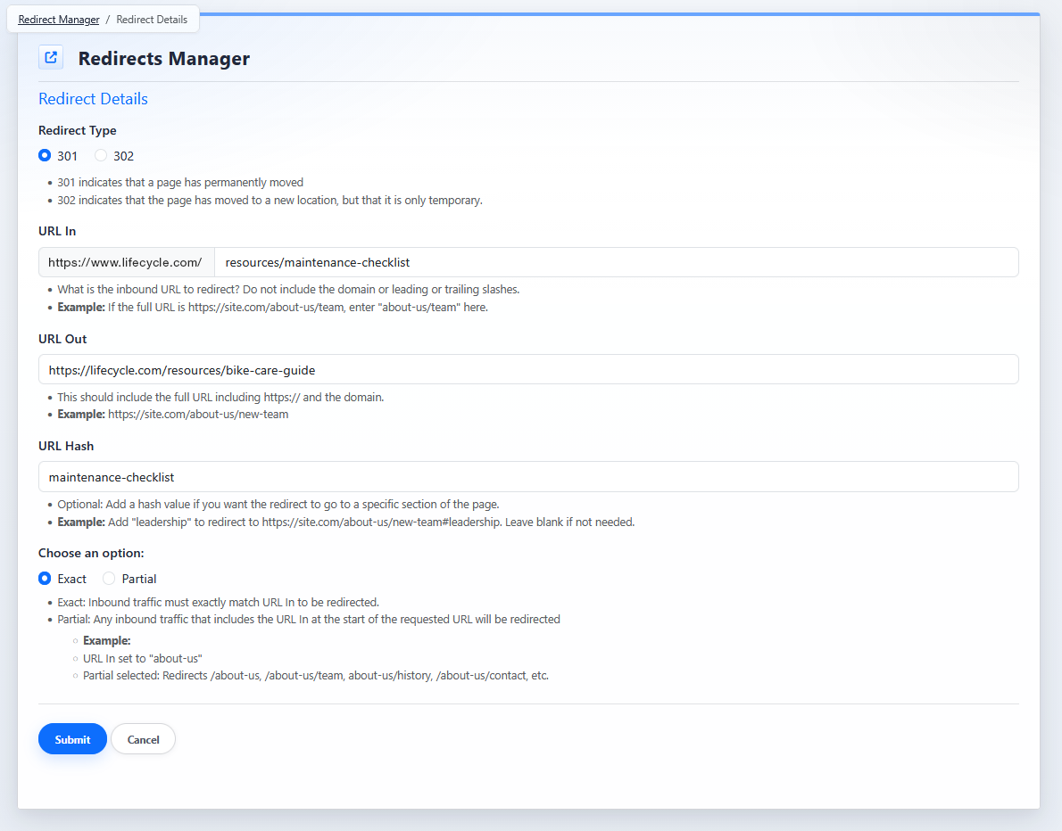 Redirect details view in the Redirects Manager