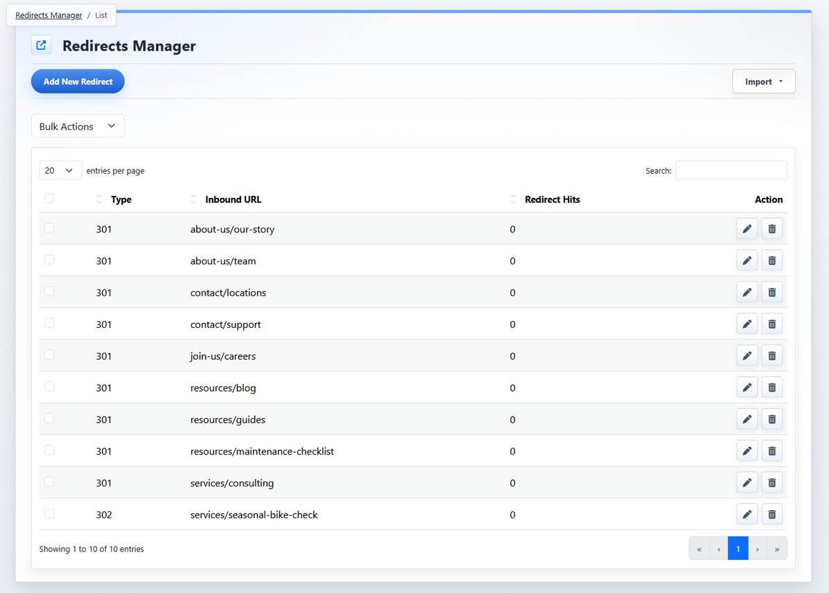 Redirects Manager list view