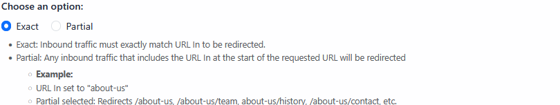 Exact and Partial redirect matching options