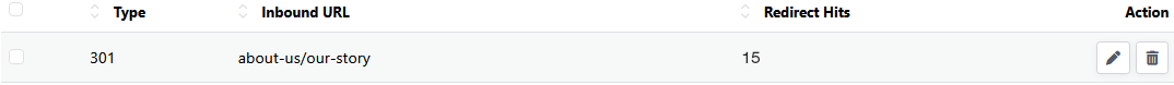 Redirects table column headers and first redirect row