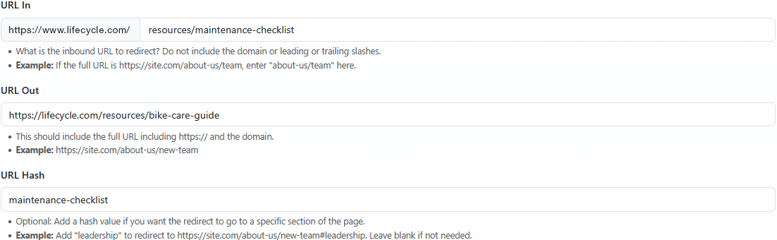 URL In, URL Out, and URL Hash fields in Redirect Details