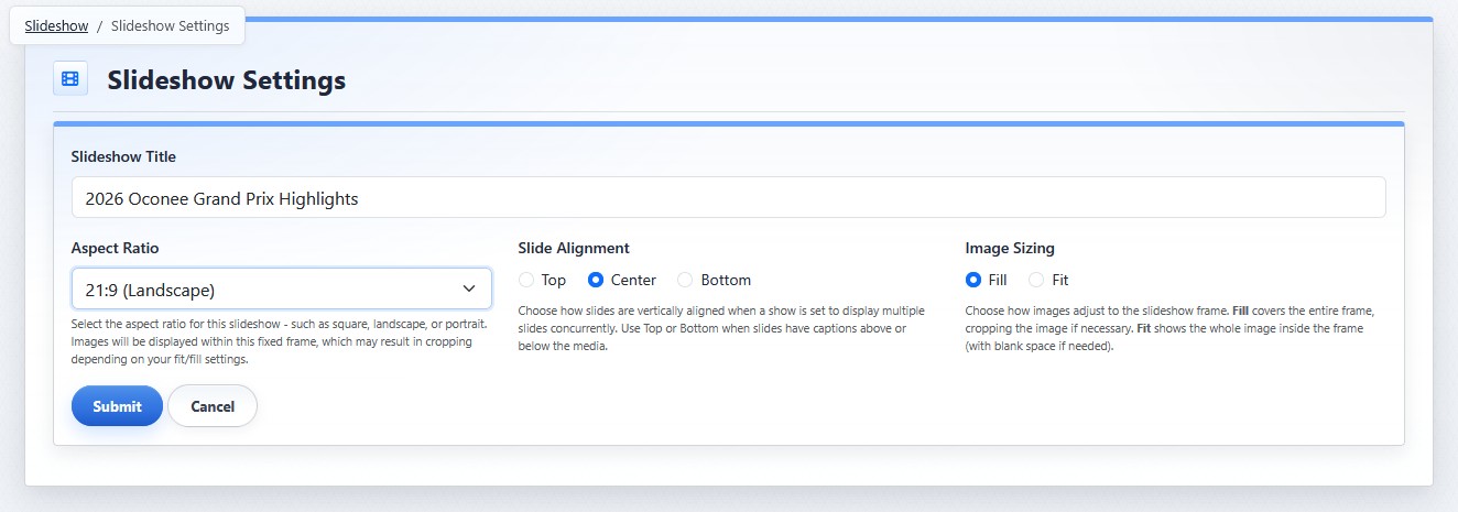 Slideshow Settings view