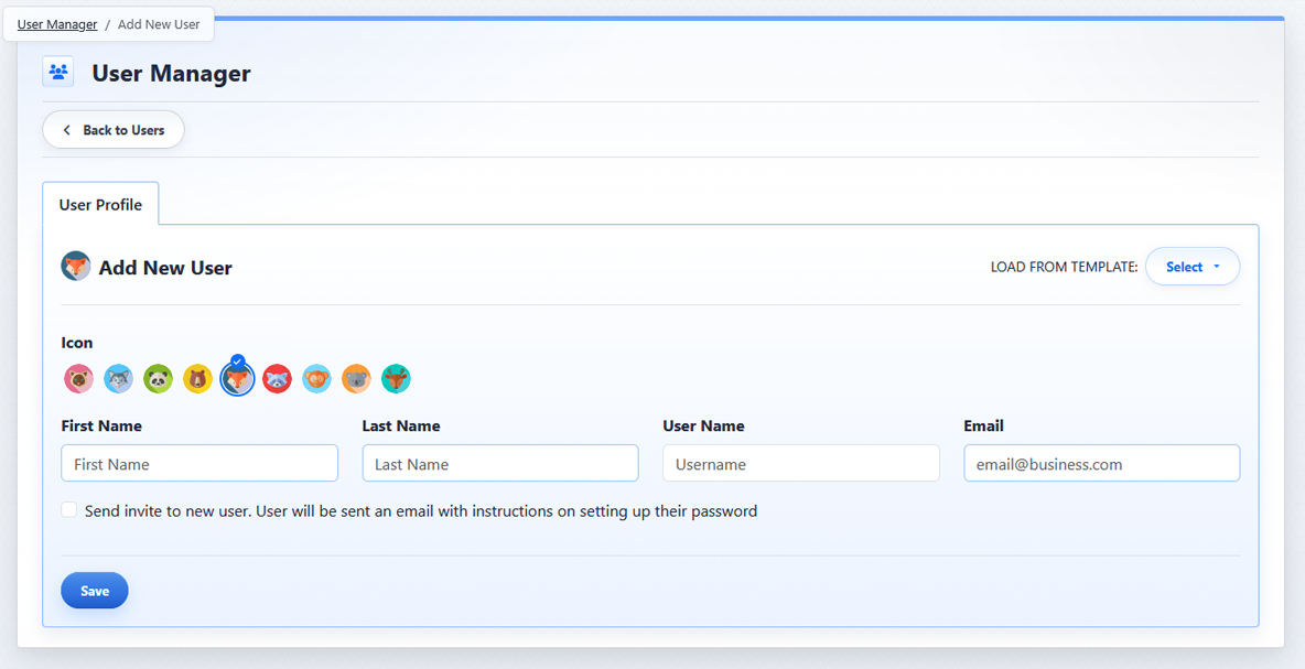 Add New User view in User Manager