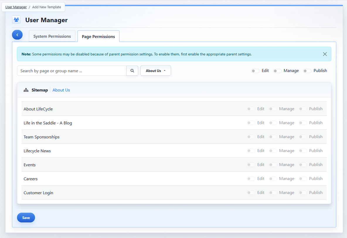 New template Page Permissions tab