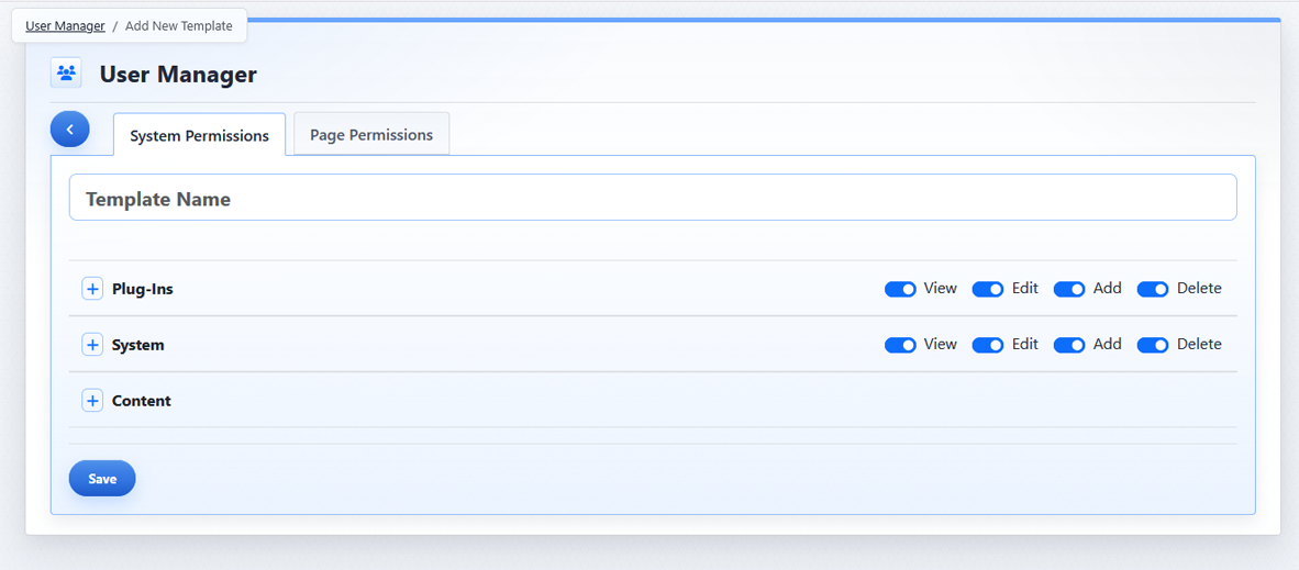 New template System Permissions tab